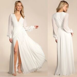 NWOT Lulu’s My Whole Heart White Long Sleeve Wrap Maxi Wedding Dress Small Chic
